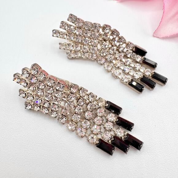Vintage Art Deco Style Rhinestone Fringe Chandelier Clip On Earrings Regency - Picture 6 of 12